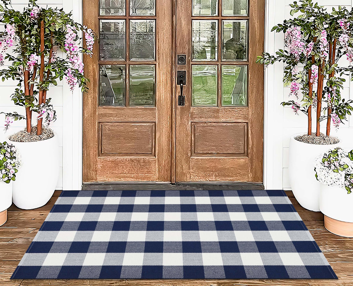 Light Blue Buffalo Plaid Cotton Door Mat, 24x35