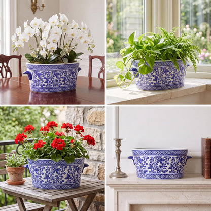 Blue and White Chinoiserie Oval Planter
