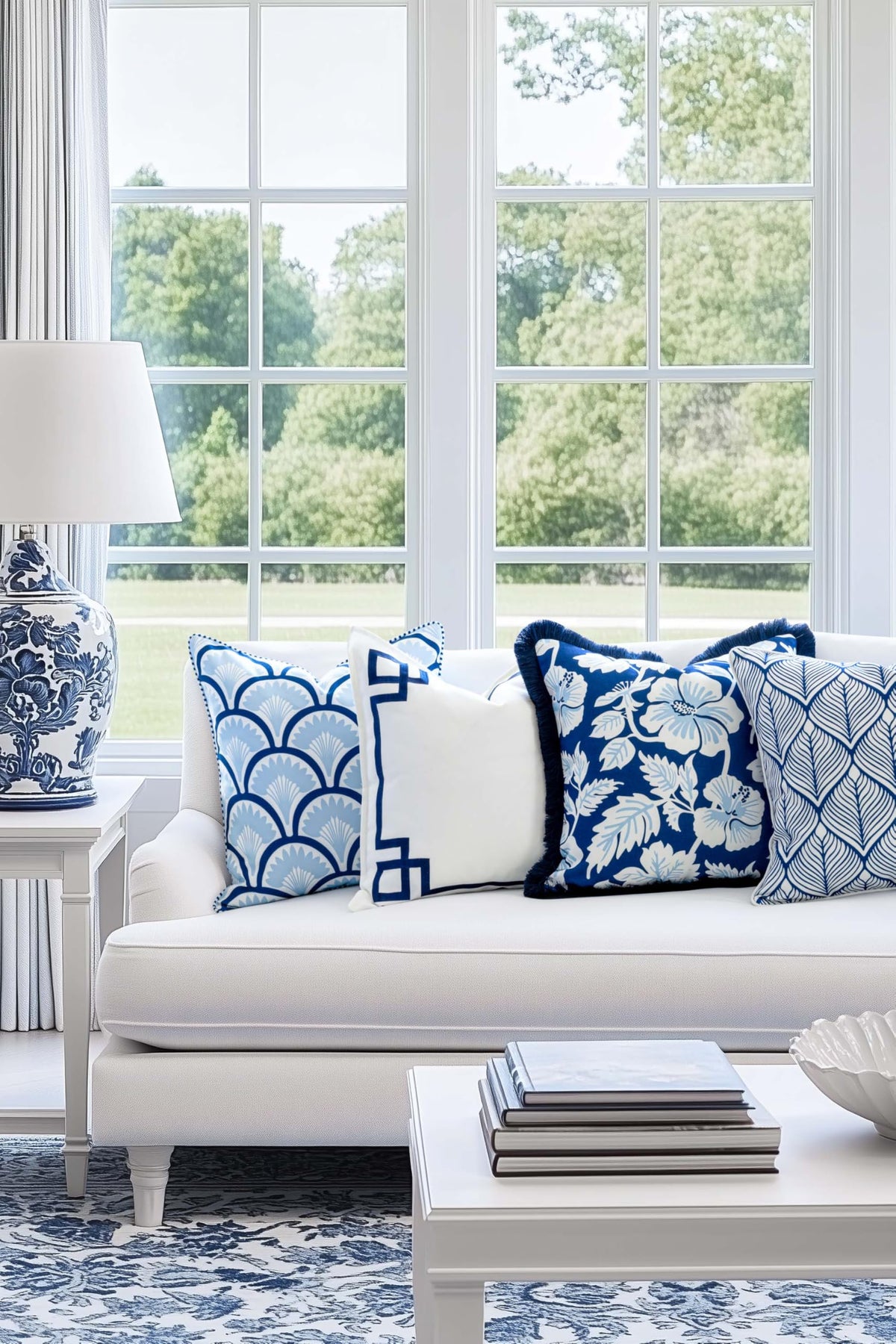 Navy Greek Key Outdoor Lumbar Pillow Cover, 12x20
