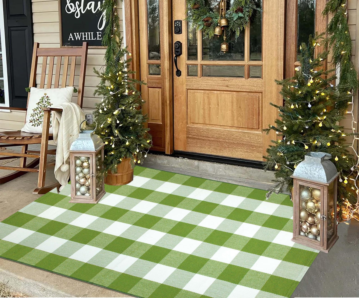 Light Blue Buffalo Plaid Cotton Door Mat, 24x35