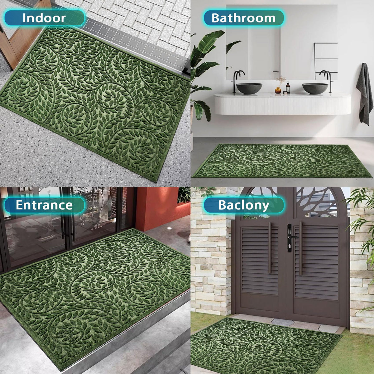 Blue Leaf Front Door Mat, Non-Slip Rubber