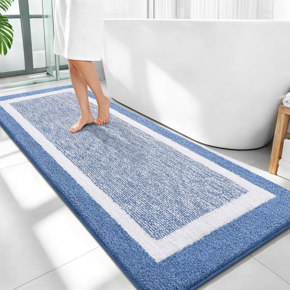 Navy and White Microfiber Bath Rug, 36 x 24