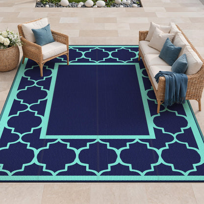Blue and White Reversible Outdoor Rug, 5x8