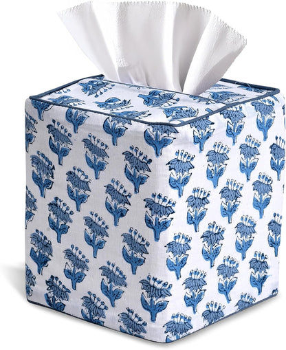 Block Print Cotton Tissue Box Cover, Apatite Blue