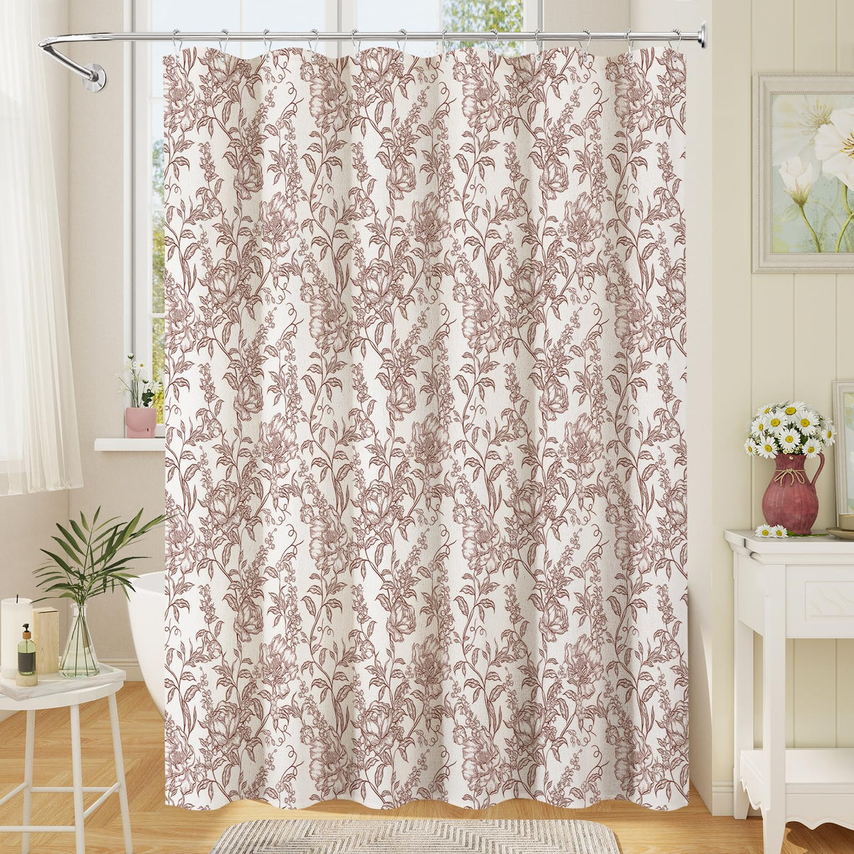 Blue Floral Linen Blend Shower Curtain