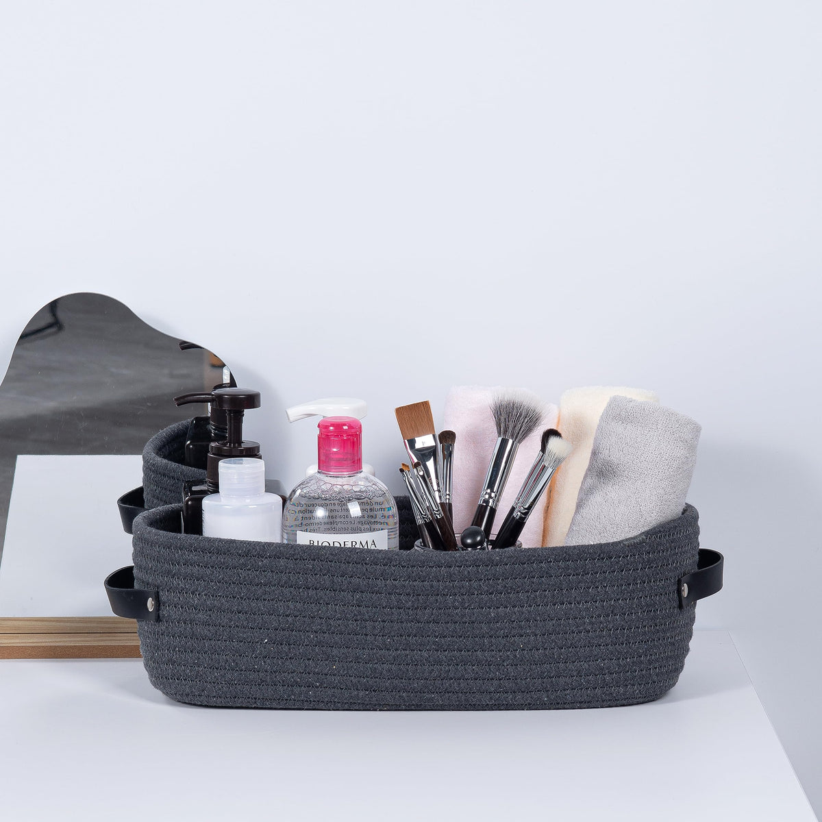 Woven Cotton Rope Toilet Tank Basket, Navy and White