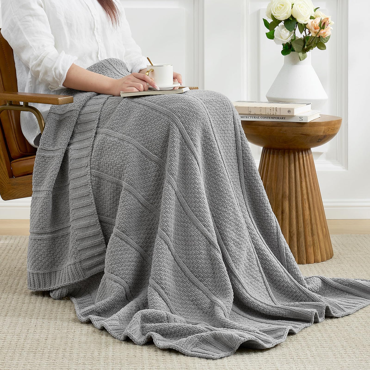 Checkered Knit Throw Blanket, Blue, 50 x 60 Inch