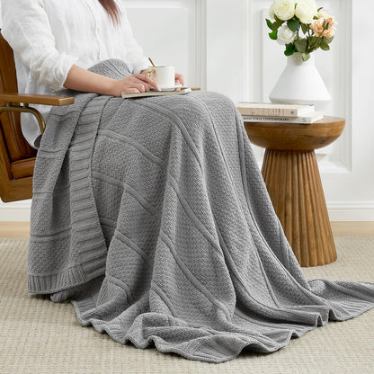 Checkered Knit Throw Blanket, Blue, 50 x 60 Inch