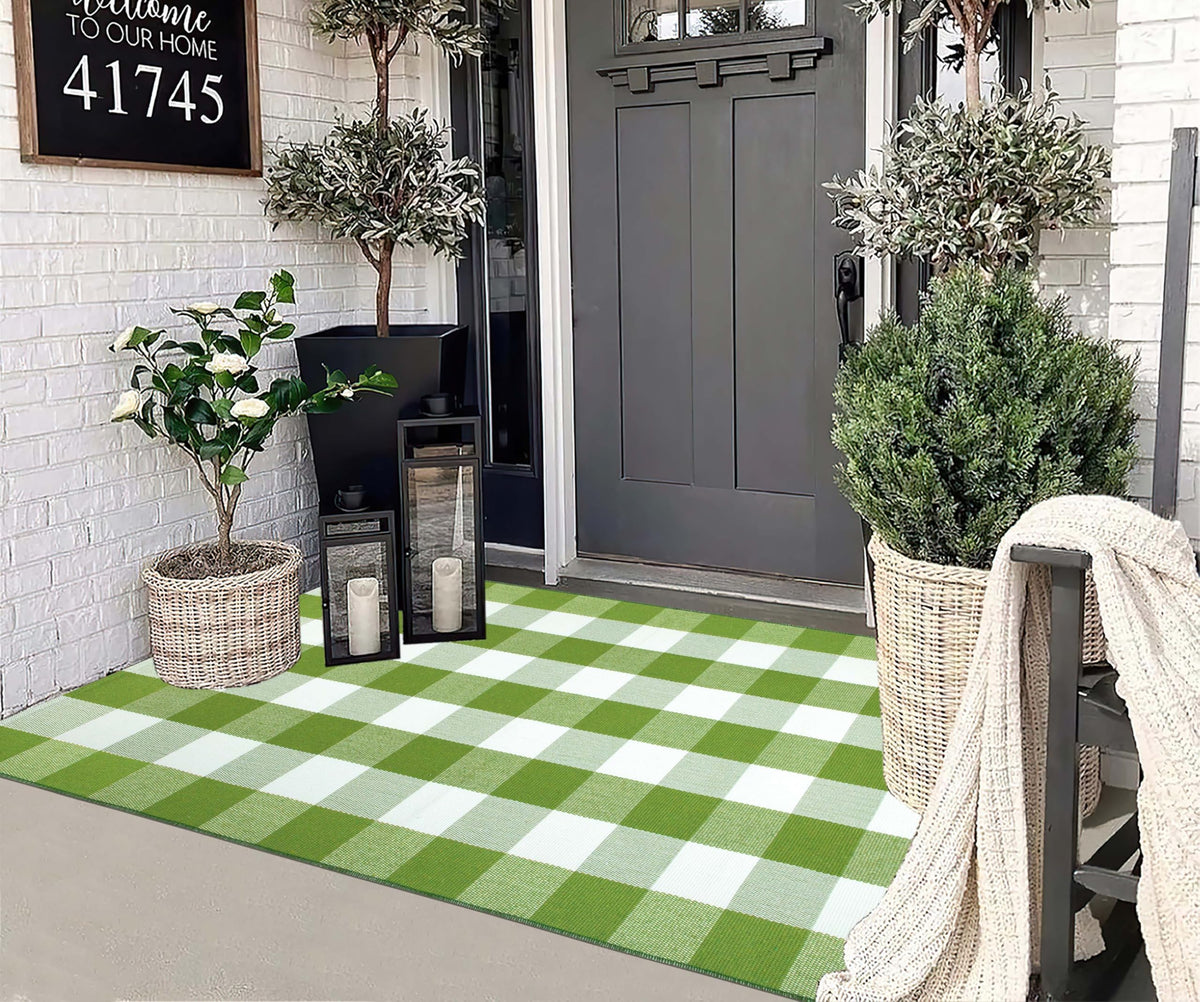 Light Blue Buffalo Plaid Cotton Door Mat, 24x35