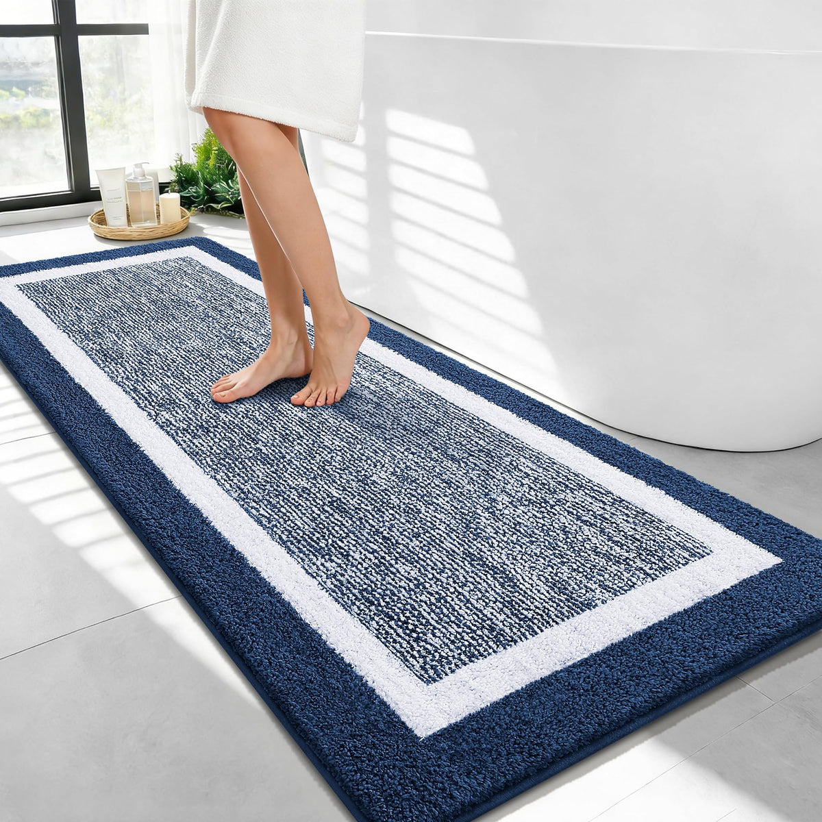 Navy and White Microfiber Bath Rug, 36 x 24