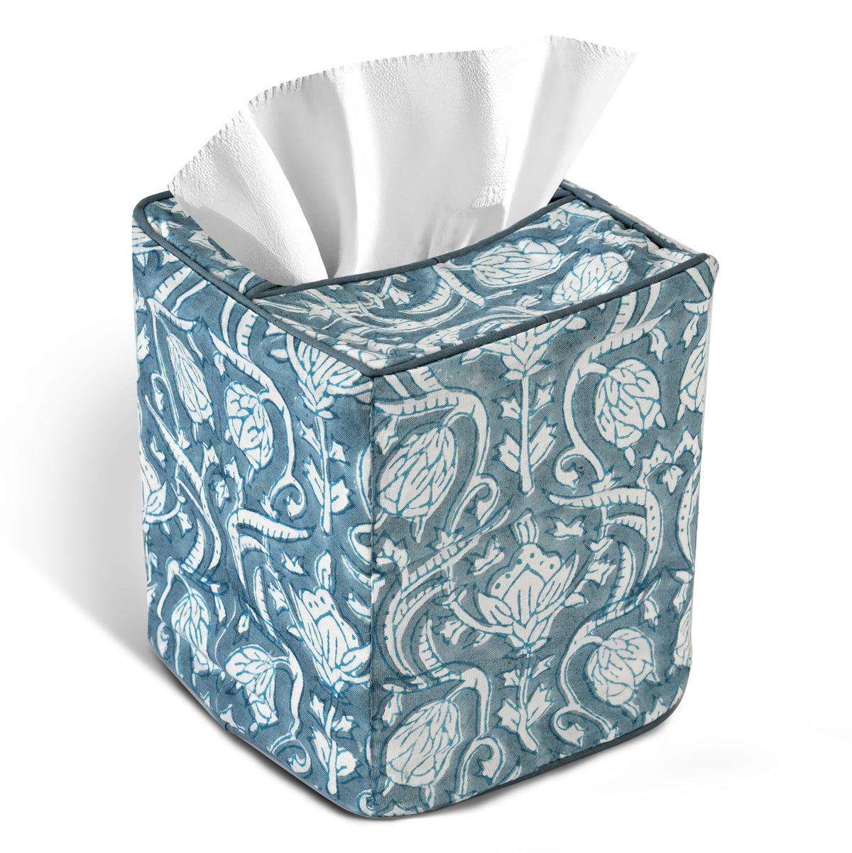 Block Print Cotton Tissue Box Cover, Apatite Blue