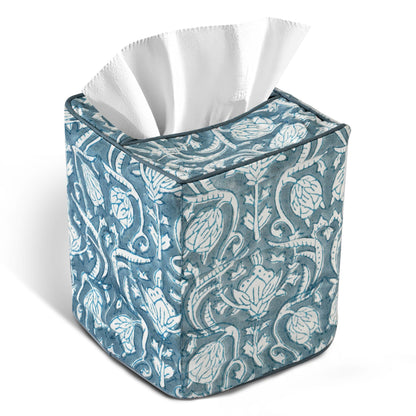 Block Print Cotton Tissue Box Cover, Apatite Blue