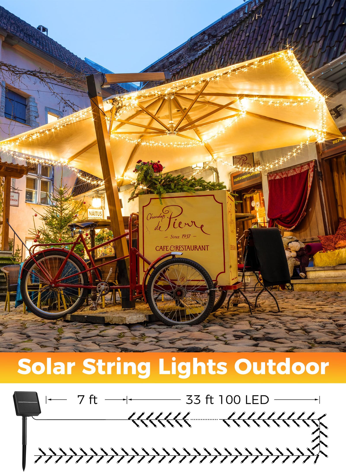 Solar Christmas String Lights, 100 LED, 40 ft
