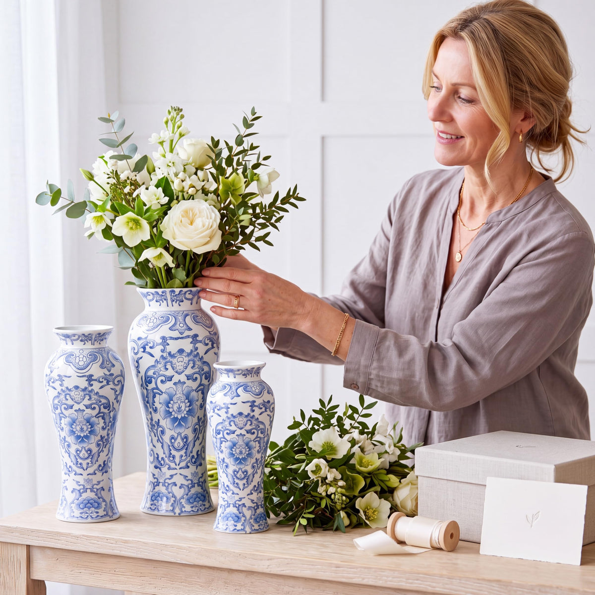 Set of 3 Blue and White Chinoiserie Vases