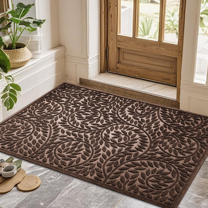 Blue Leaf Front Door Mat, Non-Slip Rubber