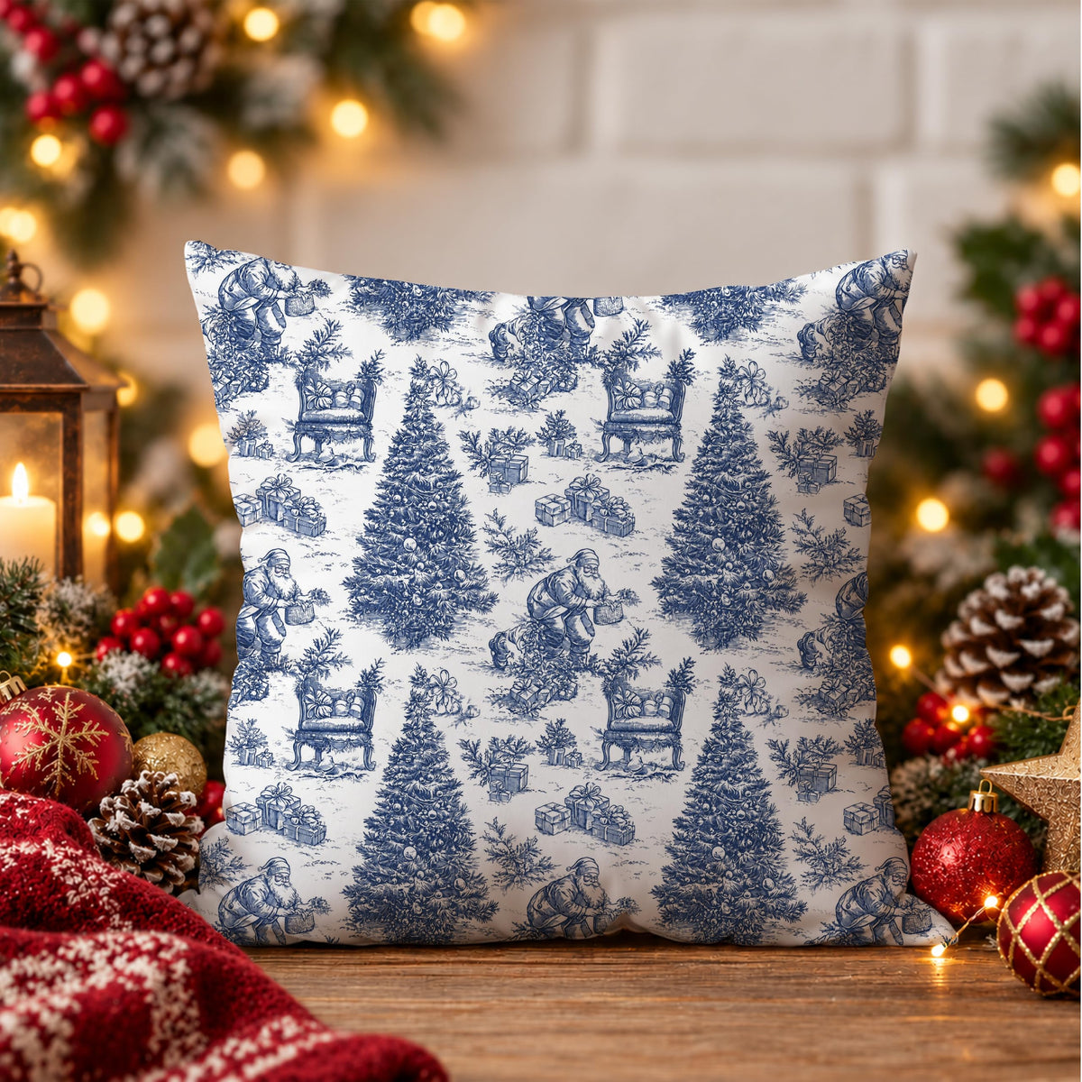 Blue Christmas Toile Pillow Covers, 18x18, Set of 2