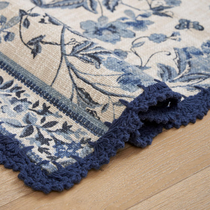 Laura Ashley Indigo Floral Crochet Border Runner Rug