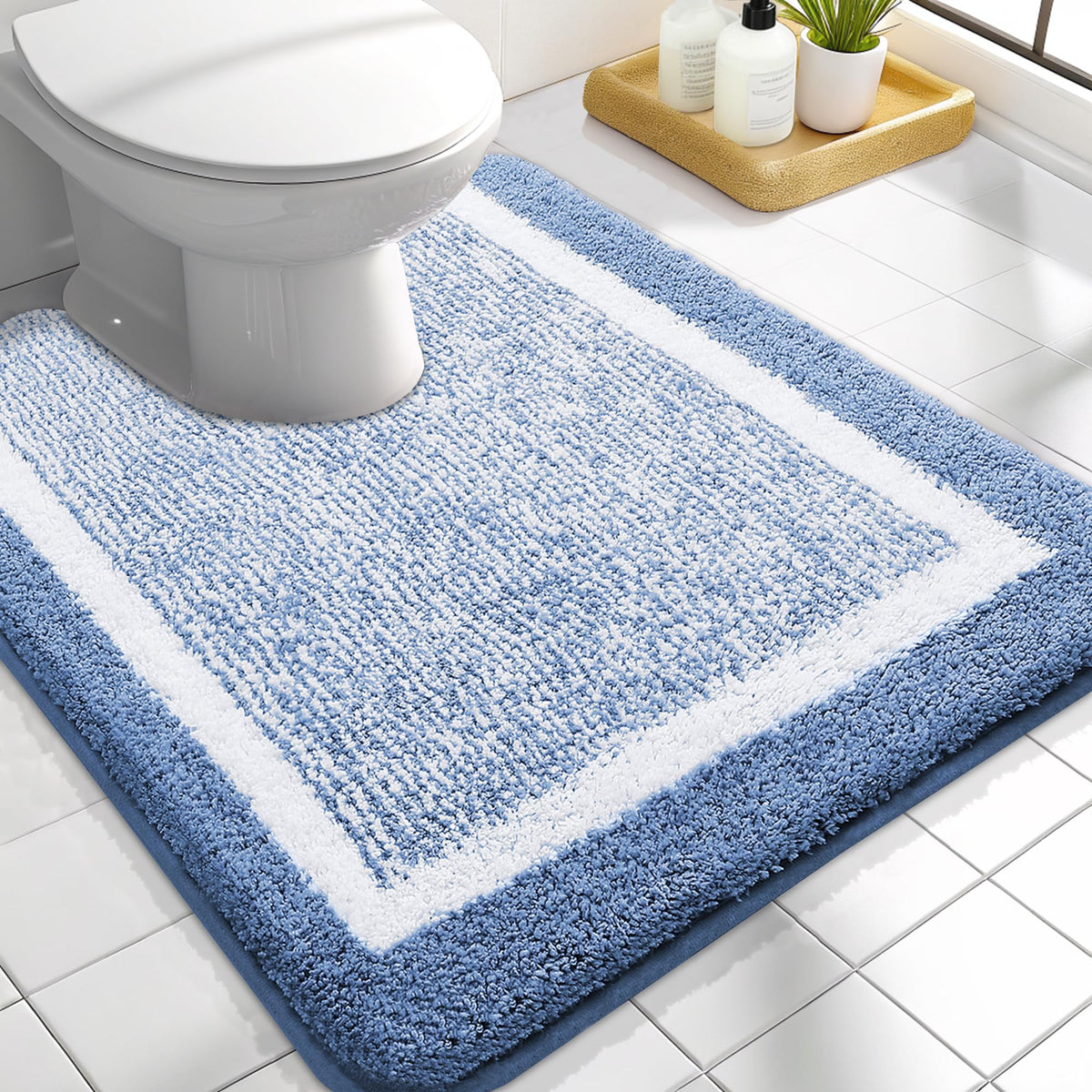 Navy and White Microfiber Bath Rug, 36 x 24
