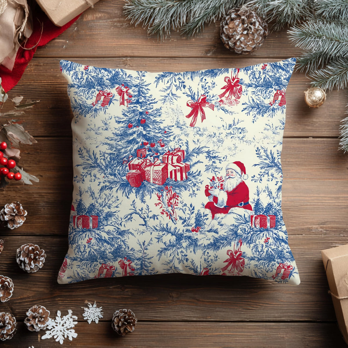 Blue Christmas Toile Pillow Covers, 18x18, Set of 2