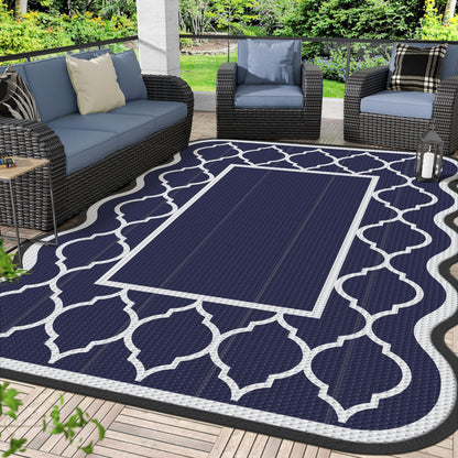Blue and White Reversible Outdoor Rug, 5x8