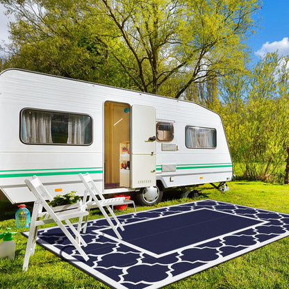 Blue and White Reversible Outdoor Rug, 5x8