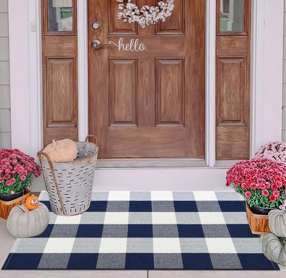 Light Blue Buffalo Plaid Cotton Door Mat, 24x35