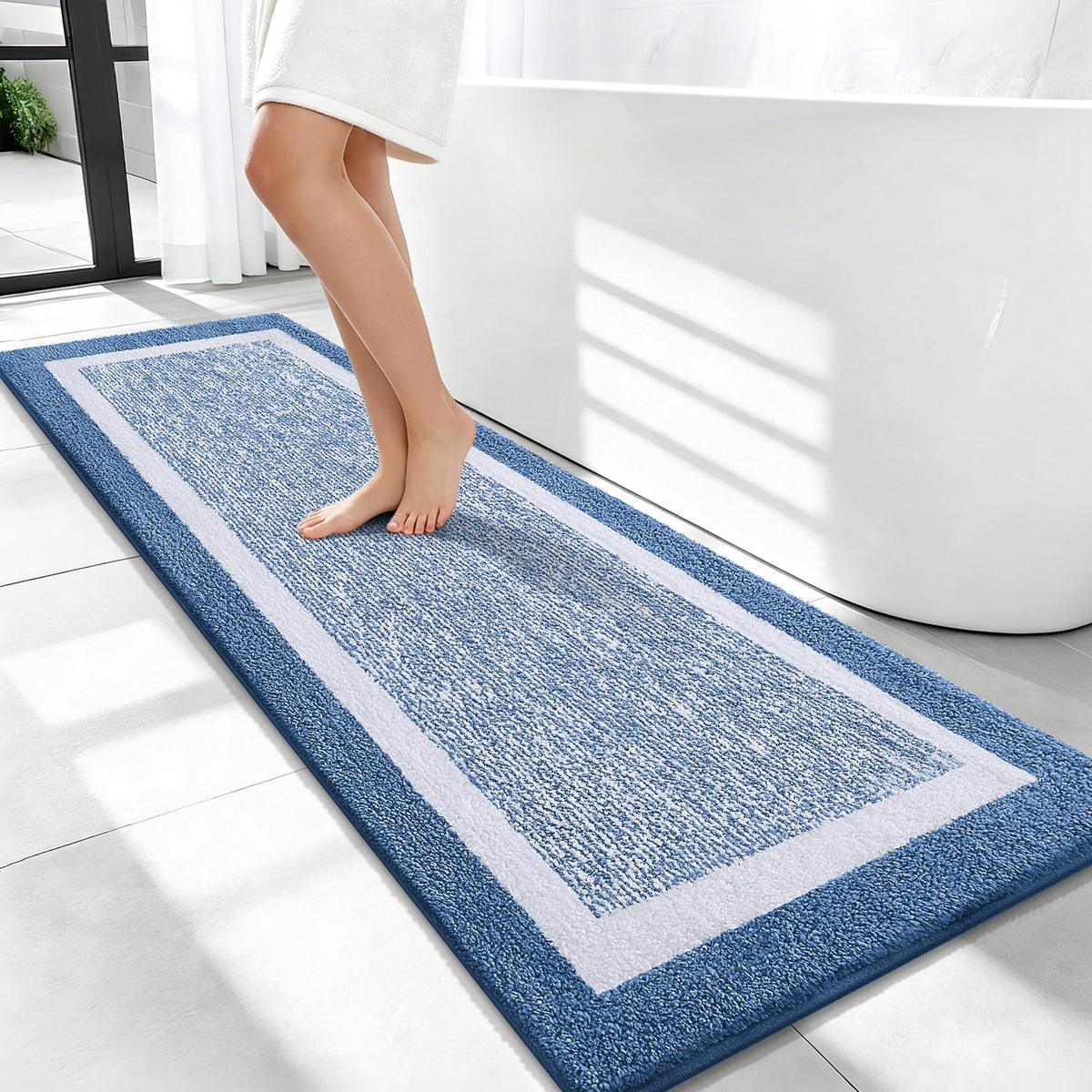 Navy and White Microfiber Bath Rug, 36 x 24