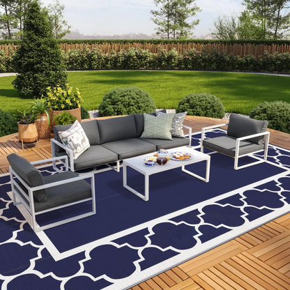 Blue and White Reversible Outdoor Rug, 5x8