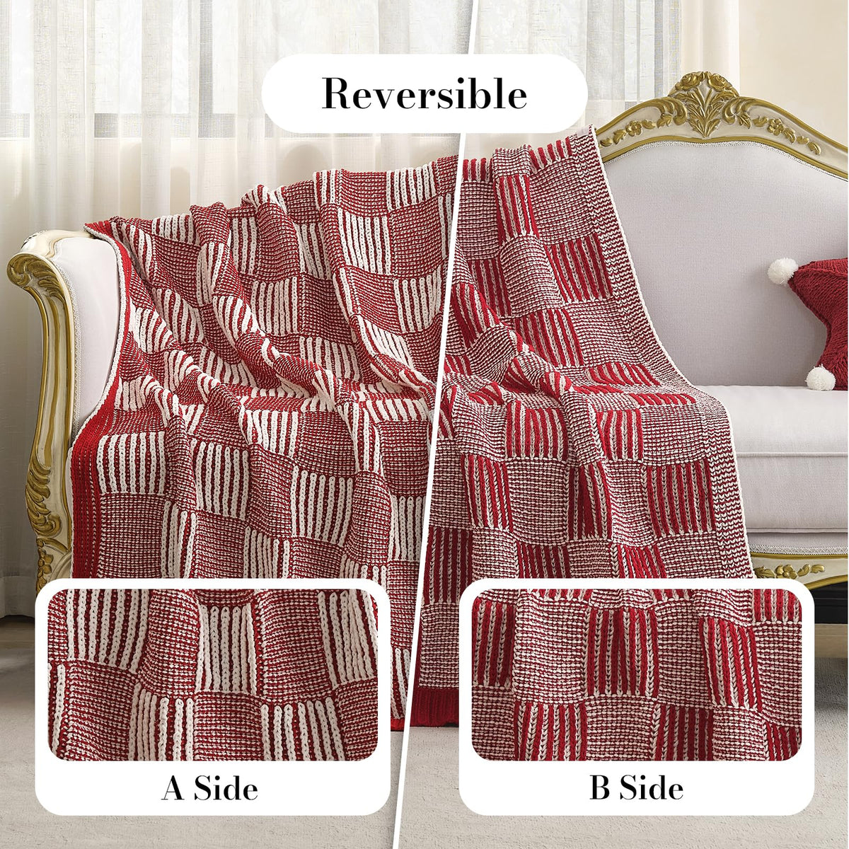 Checkered Knit Throw Blanket, Blue, 50 x 60 Inch
