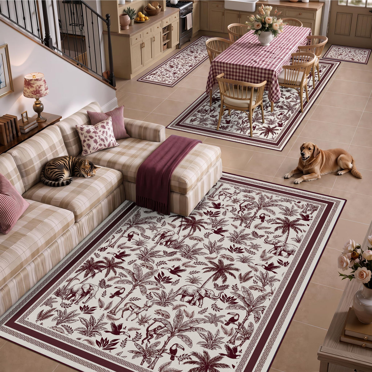 Washable French Toile Area Rug
