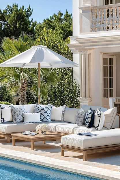 Navy Greek Key Outdoor Lumbar Pillow Cover, 12x20