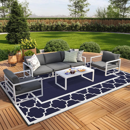 Blue and White Reversible Outdoor Rug, 5x8