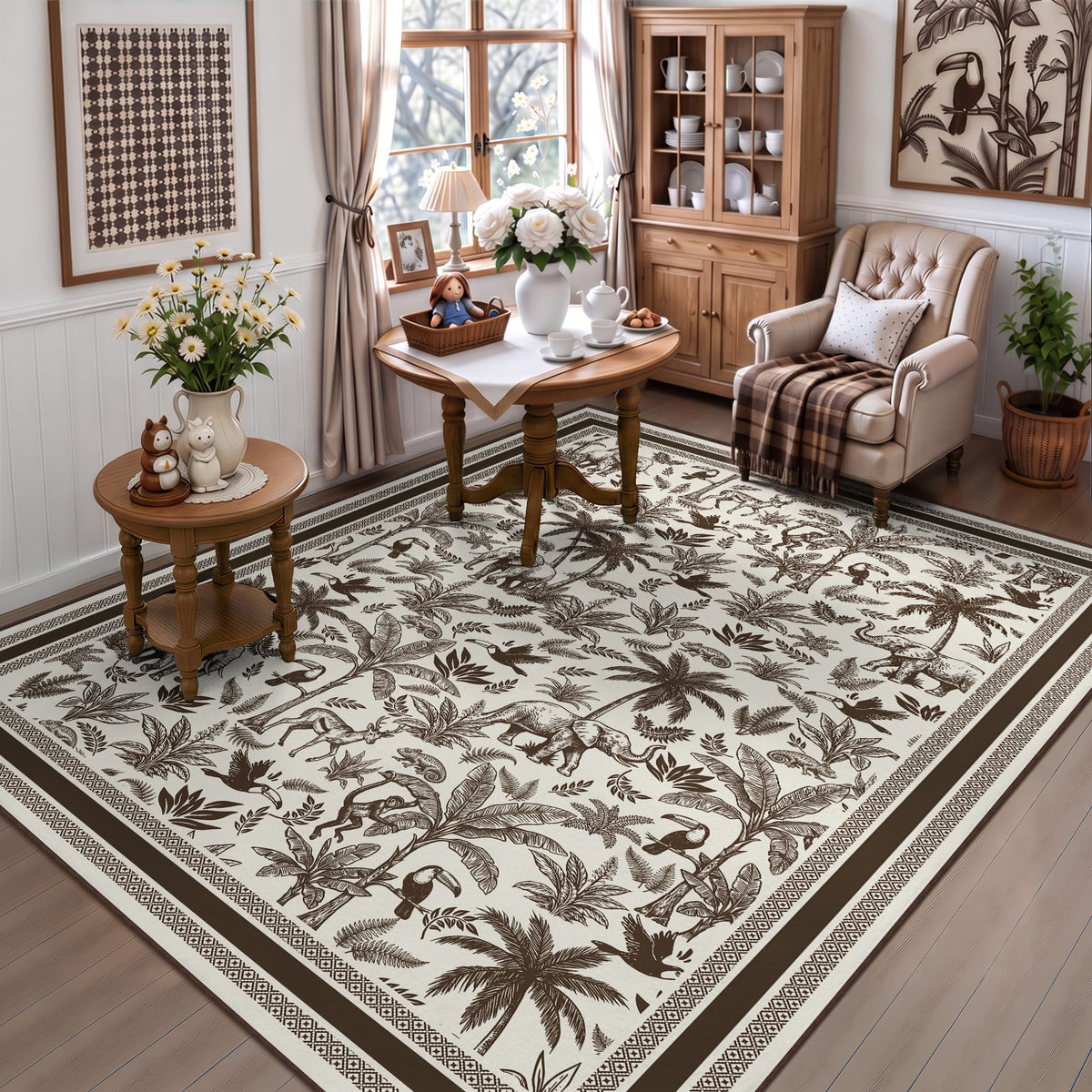 Washable French Toile Area Rug