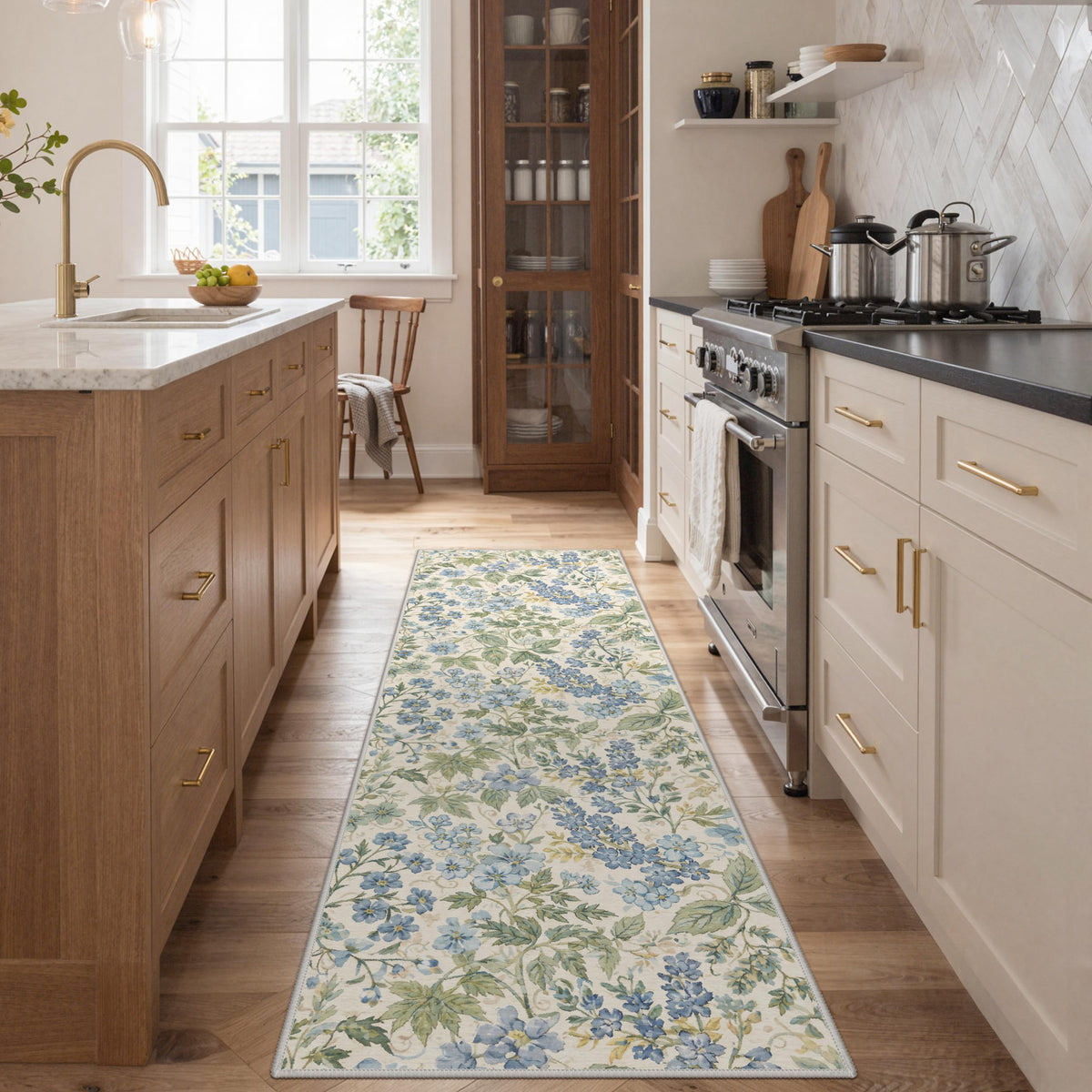 Bavni Dusty Blue Floral Washable Rug