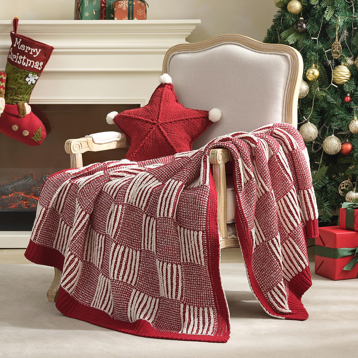 Checkered Knit Throw Blanket, Blue, 50 x 60 Inch