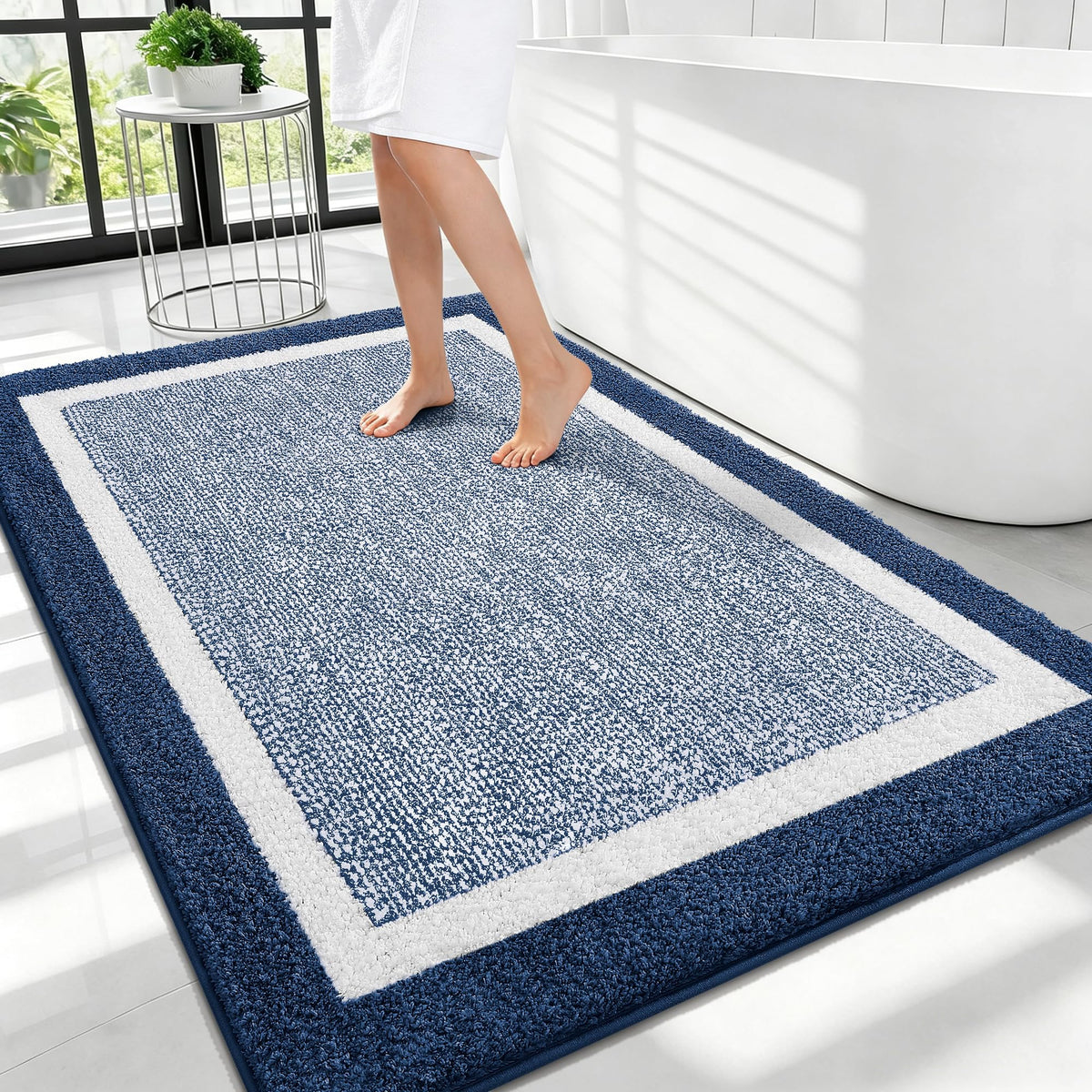 Navy and White Microfiber Bath Rug, 36 x 24