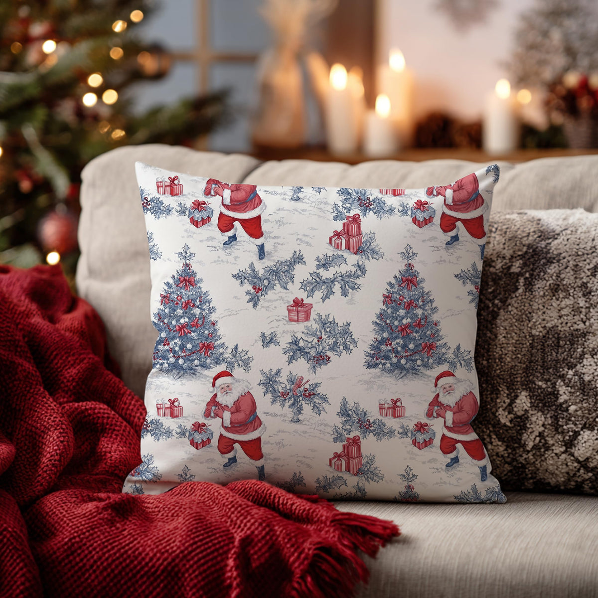 Blue Christmas Toile Pillow Covers, 18x18, Set of 2