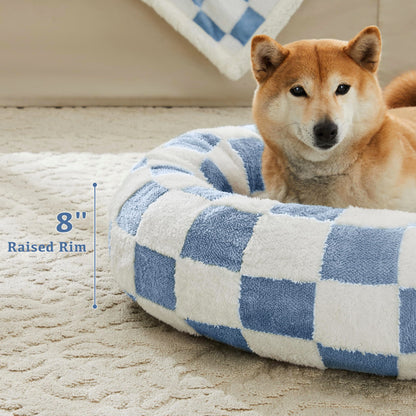 Blue Checkered Round Dog Bed