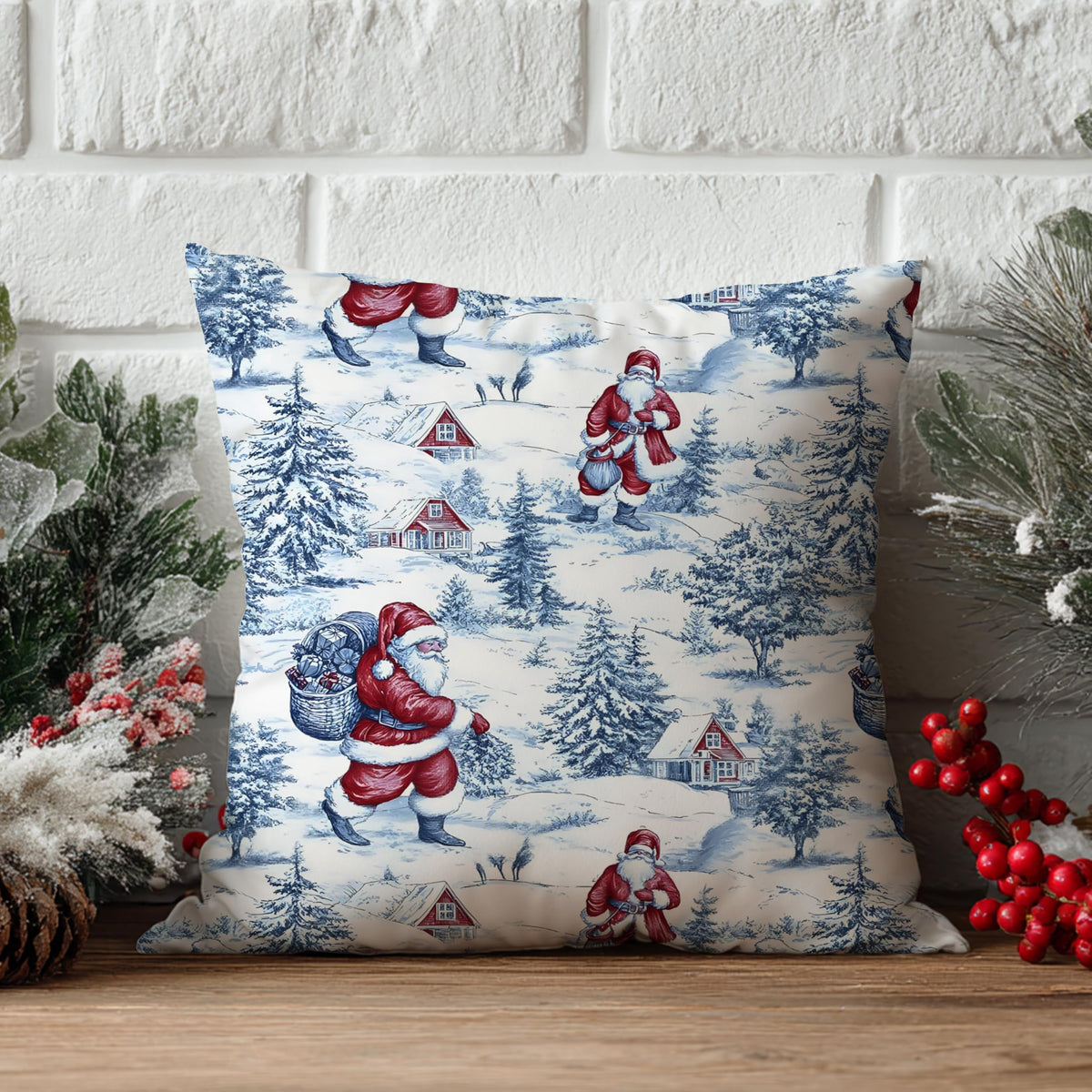Blue Christmas Toile Pillow Covers, 18x18, Set of 2