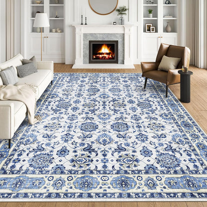 Washable Area Rug, Delft Blue Vintage Floral