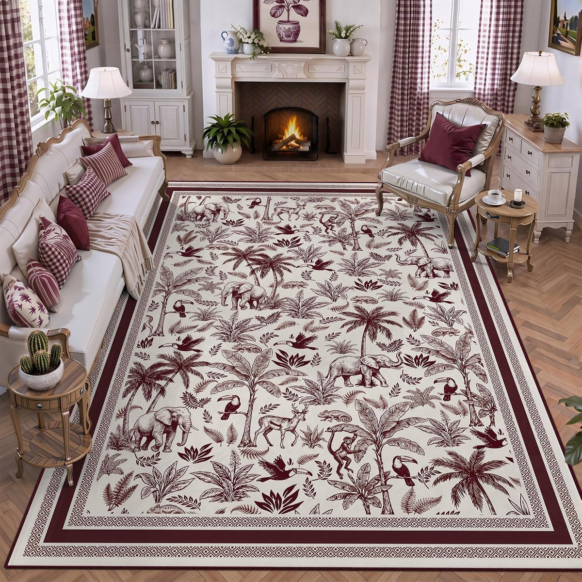 Washable French Toile Area Rug