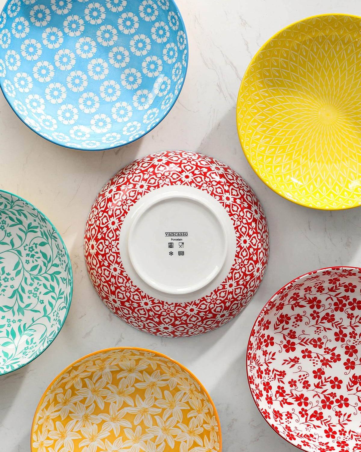 Blue and White Floral Pasta Bowls, Set of 6