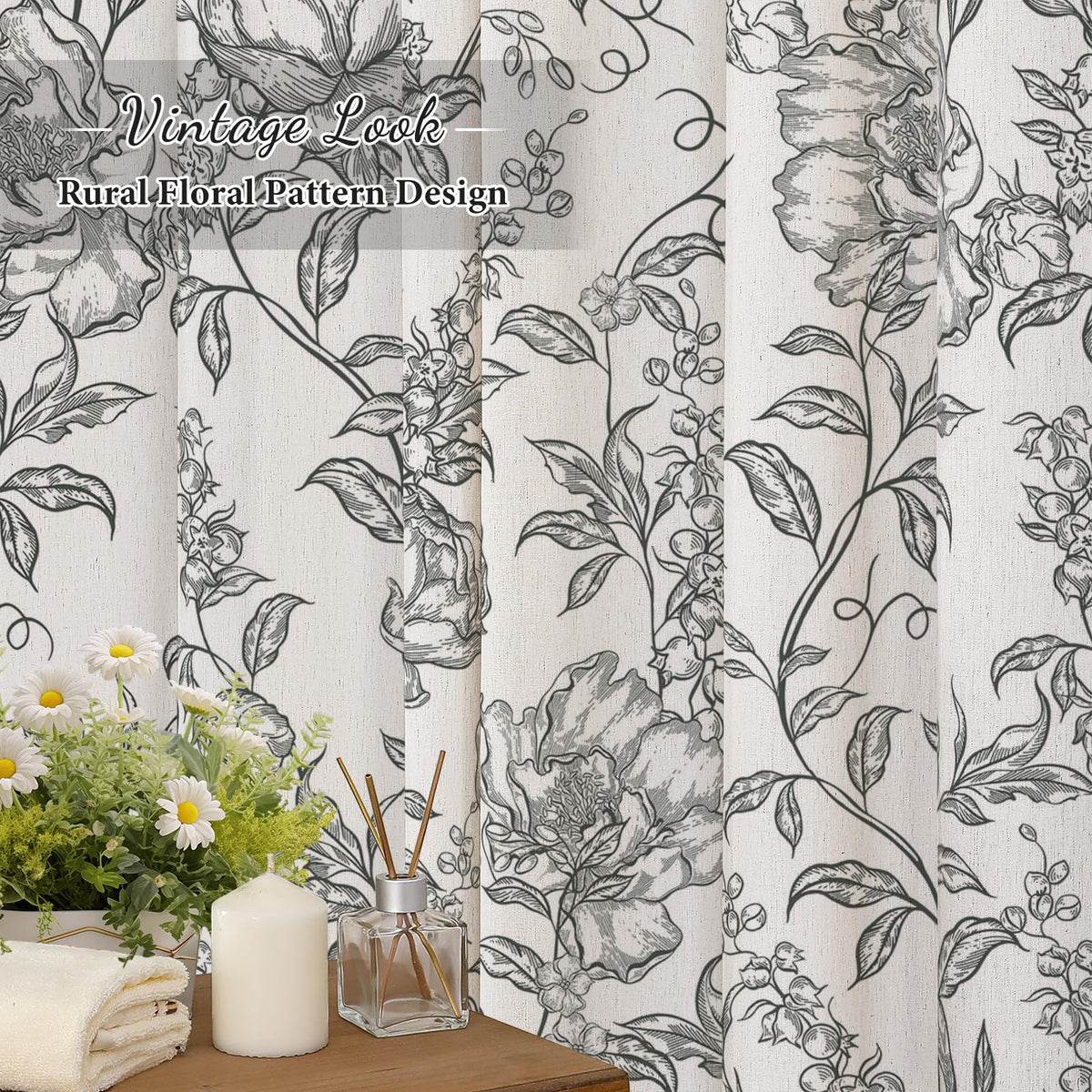 Blue Floral Linen Blend Shower Curtain