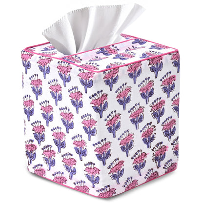 Block Print Cotton Tissue Box Cover, Apatite Blue