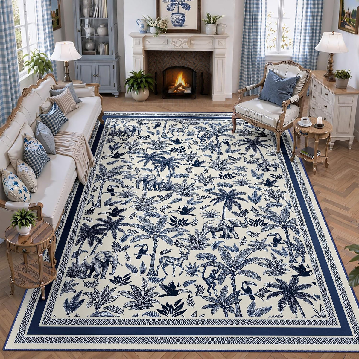 Washable French Toile Area Rug