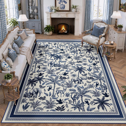 Washable French Toile Area Rug