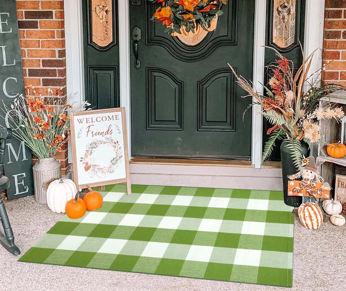 Light Blue Buffalo Plaid Cotton Door Mat, 24x35