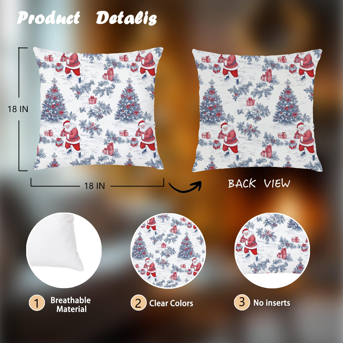 Blue Christmas Toile Pillow Covers, 18x18, Set of 2