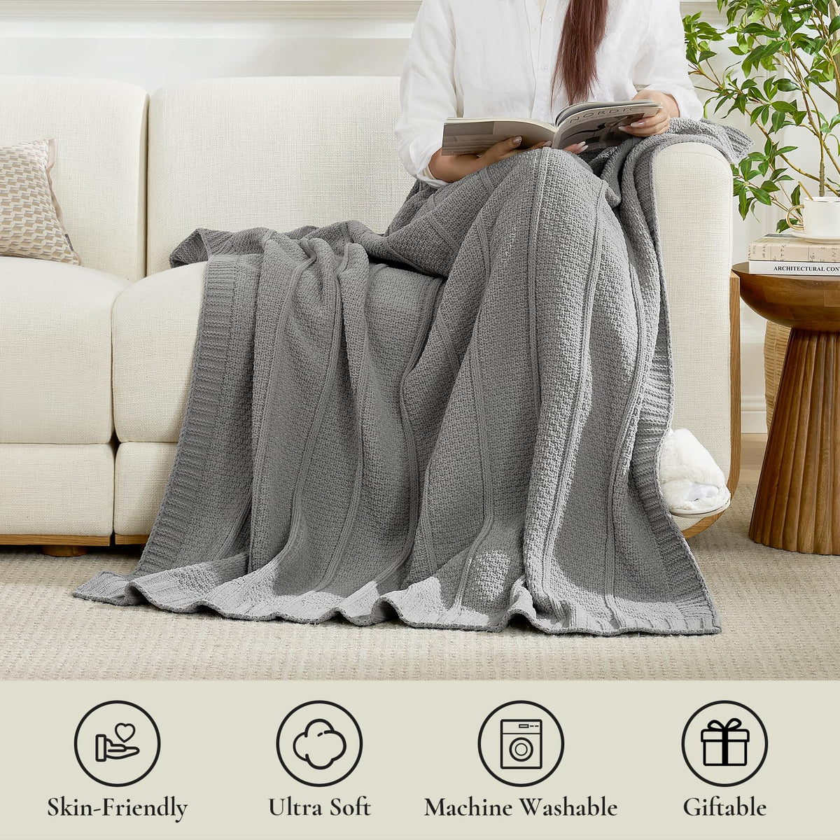 Checkered Knit Throw Blanket, Blue, 50 x 60 Inch