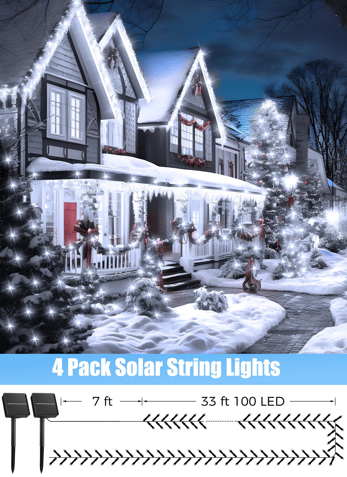 Solar Christmas String Lights, 100 LED, 40 ft